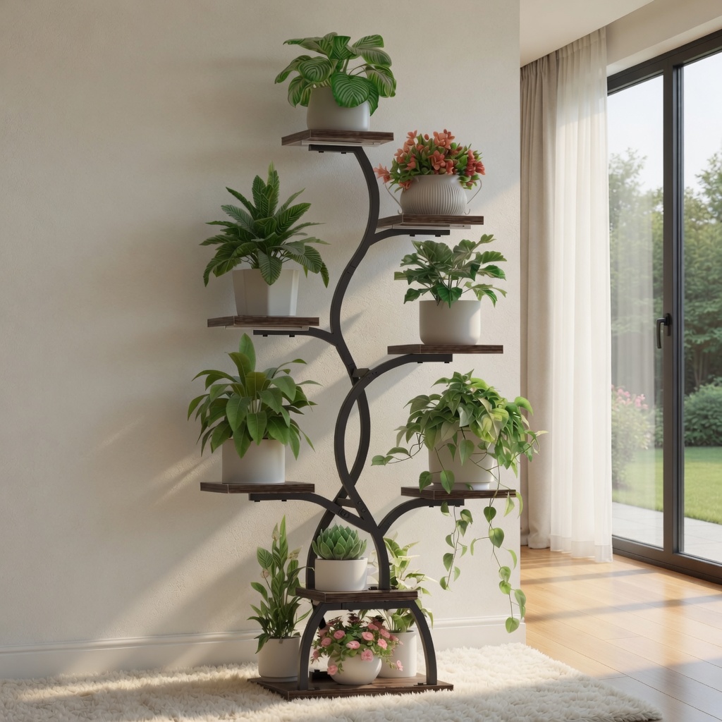 Elegant EVAWOO plant stand indoor with grow light, 8‑tier black corner shelf, 49" tall, holding succulents and flowering plants in a modern living room