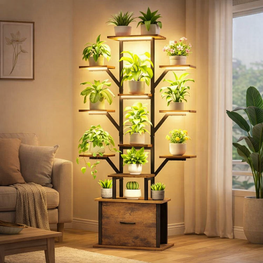 Luxury 12‑tier plant stand indoor with built‑in grow lights, sleek metal frame, smart storage drawer, and versatile placement for living room, patio, or bedroom décor.