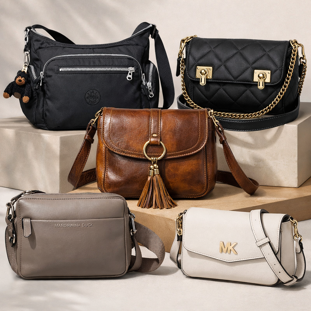 Elegant collage showcasing the 5 best crossbody bags for women in USA, including Kipling GABBIE Medium Crossbody, Women’s Anti‑Theft Waterproof Travel Bag, Patricia Nash Lanza Leather Crossbody, Mandarina Duck Crossbody, and Michael Kors Laila Extra Small Crossbody, arranged stylishly on a neutral background for a luxury fashion look.