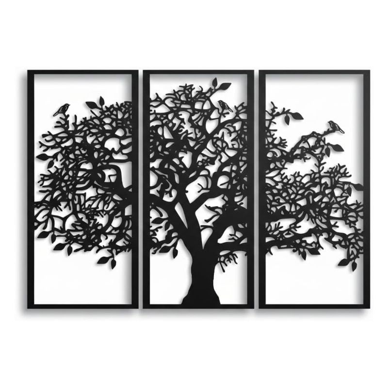 Black 3‑panel Tree of Life metal wall art, modern 3D design for bedroom and living room.
