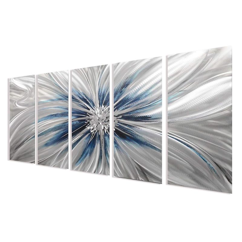 Blue and silver 3D aluminum flower sculpture wall art, contemporary farmhouse style for living room or office.