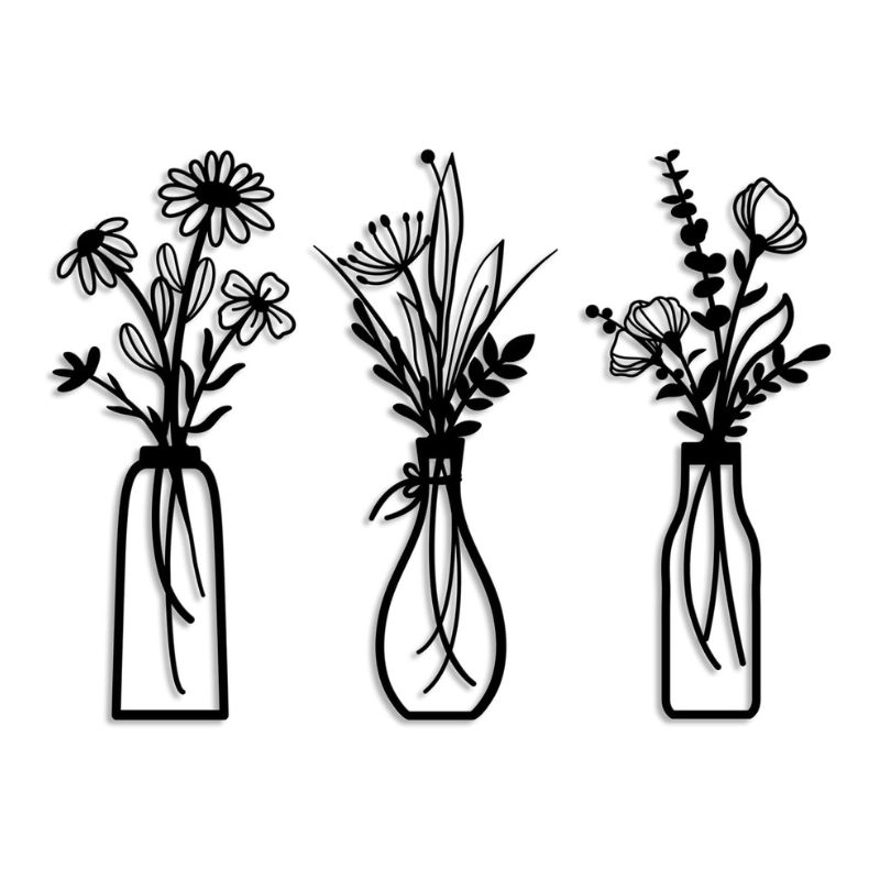 Black minimalist 3‑piece flower wall art set, rustic farmhouse décor for dining room, bedroom, or bathroom.