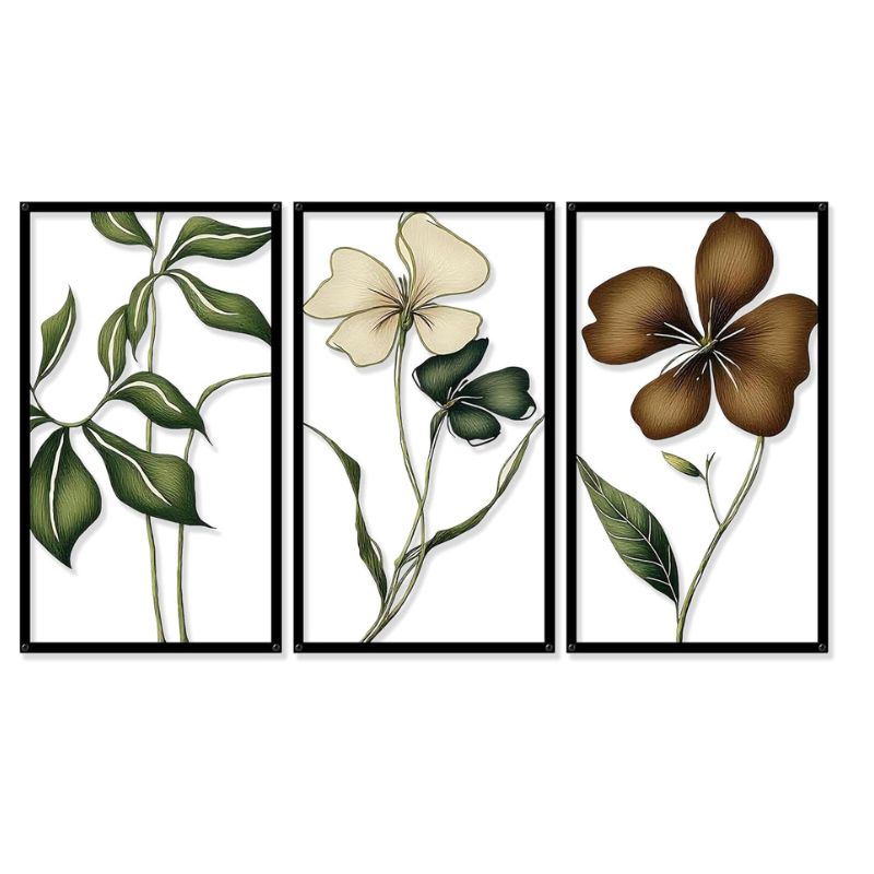 Black 3‑piece abstract floral metal wall art, minimalist botanical design for living room, kitchen, or bathroom.