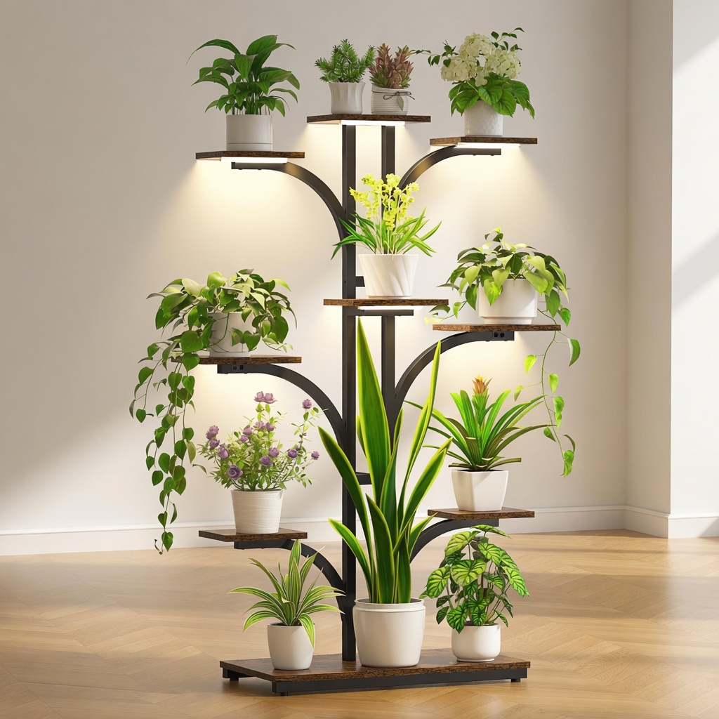 ikkle Plant Stand Indoor with Grow Lights, 64" Tall Plant Shelf, 9 Tiered Corner Plant Shelves for Indoor Plants Multiple