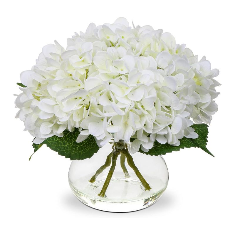 Hollyone Hydrangea Artificial Flowers with Vase White Silk Fake Flowers